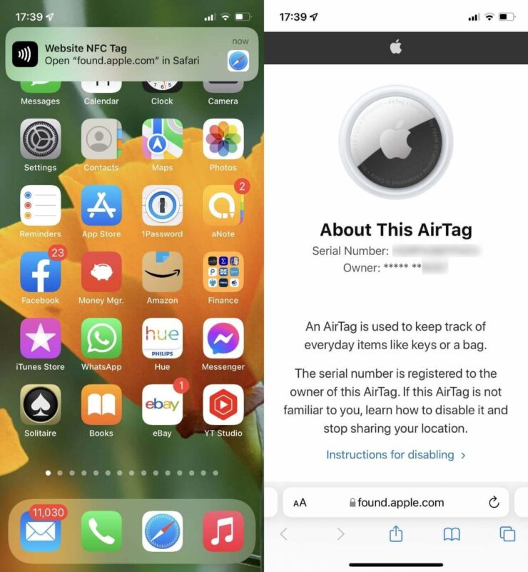 Нашел AirTag. Вы можете узнать хозяина метки по последним цифрам телефона. Фото.