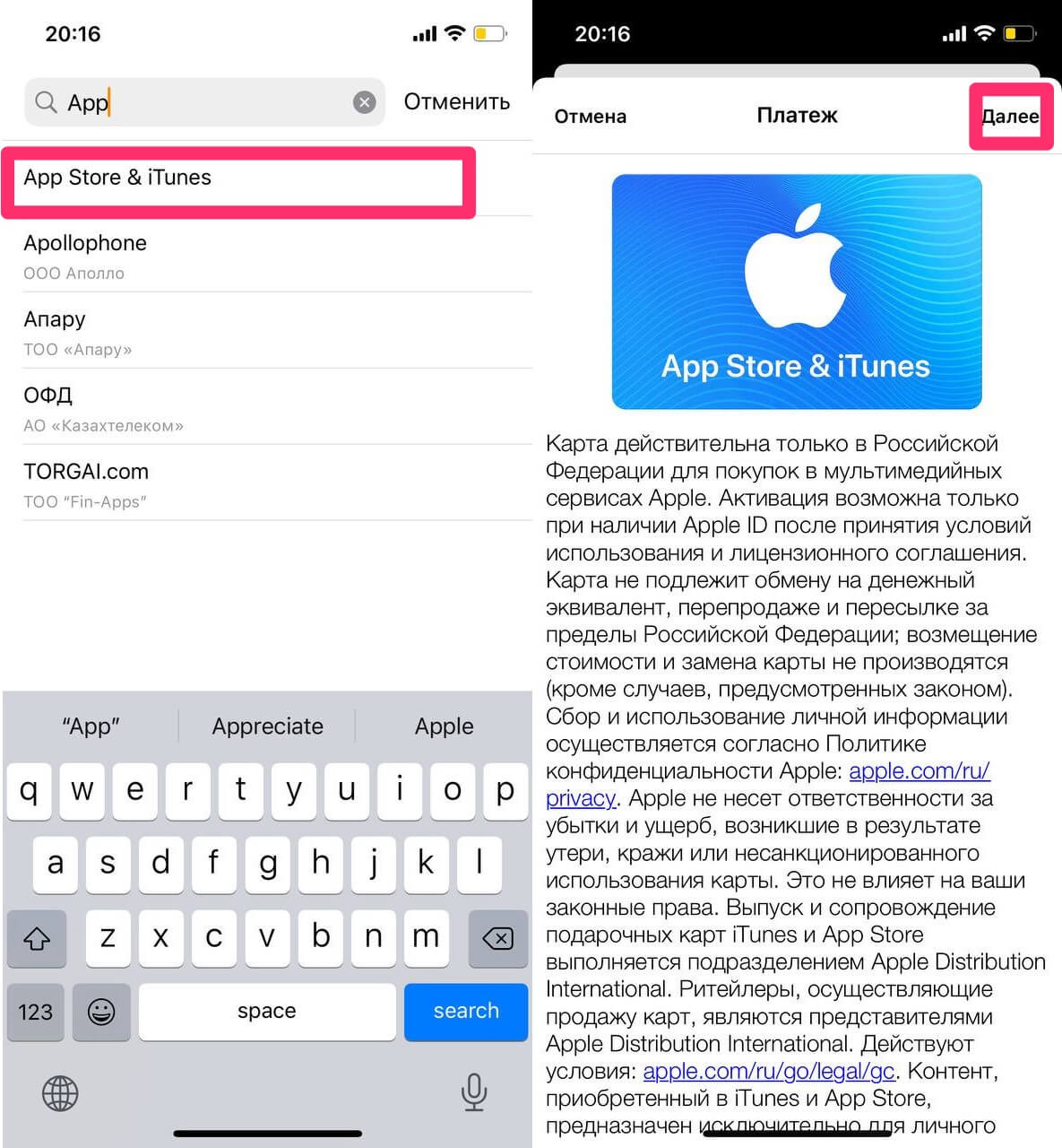 Выбираете App Store в Поиске и кликаете Далее. Фото.
