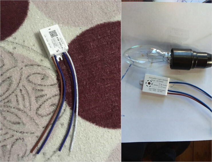 Выключатель света по хлопку. В этот датчик встроен светодиодный сенсор, который реагирует ещё и на освещение и не включает свет, если в помещении светло. Фото.