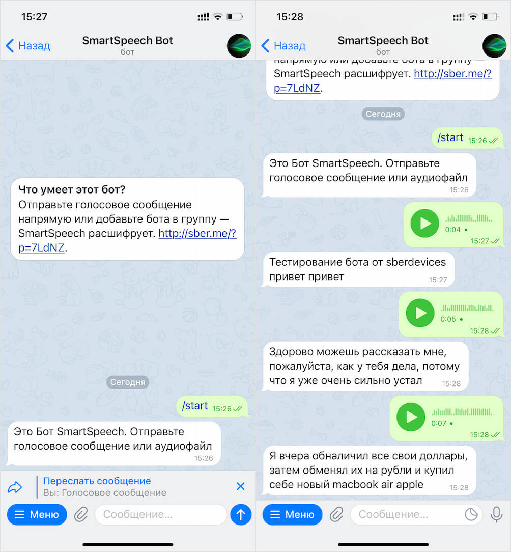 Бот очень грамотно переводит голосовые сообщения в текст, распознавания даже английские слова и названия брендов. Фото.