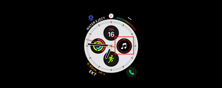 Как управлять музыкой с Эпл Вотч. Управлять музыкой на Apple Watch можно нажав на кнопку на циферблате. Фото.