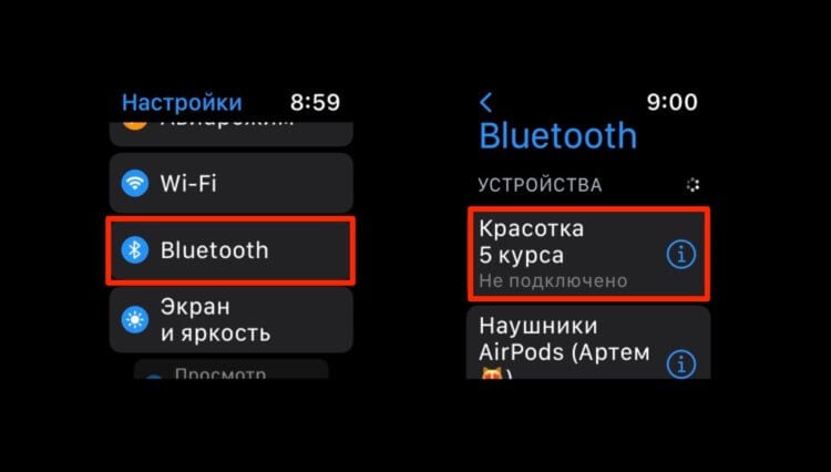 Как слушать музыку на Apple Watch без наушников. Вы можете найти колонку, к которой хотите подключиться в разделе Bluetooth. Фото.