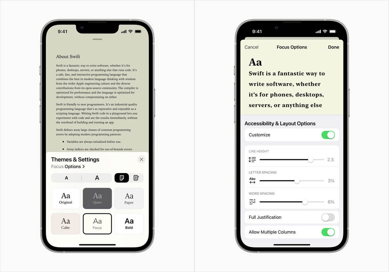 Новые функции iOS. Apple Books можно будет настроить, чтобы лучше видеть содержимое приложения. Фото.