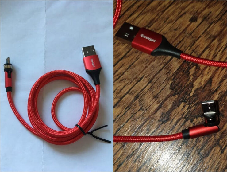 Магнитный кабель для зарядки с вращающимся коннектором. Этот кабель имеет плотную оплётку из ткани, магнитное крепление и подвижный шарнир. Фото.