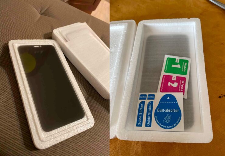 Защитное стекло на Айфон антишпион. Продавец порядочный: в комплект входят тряпочки и наклейки для уборки мелких частиц. Фото.