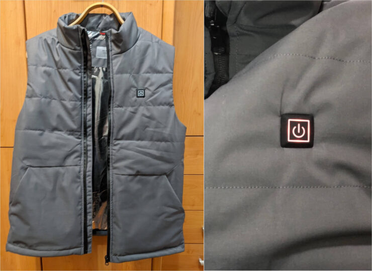 Жилет Xiaomi с подогревом. В кнопку жилета встроен светодиод, который показывает температуру нагрева. Жилет Xiaomi с подогревом. В кнопку жилета встроен светодиод, который показывает температуру нагрева. Фото.