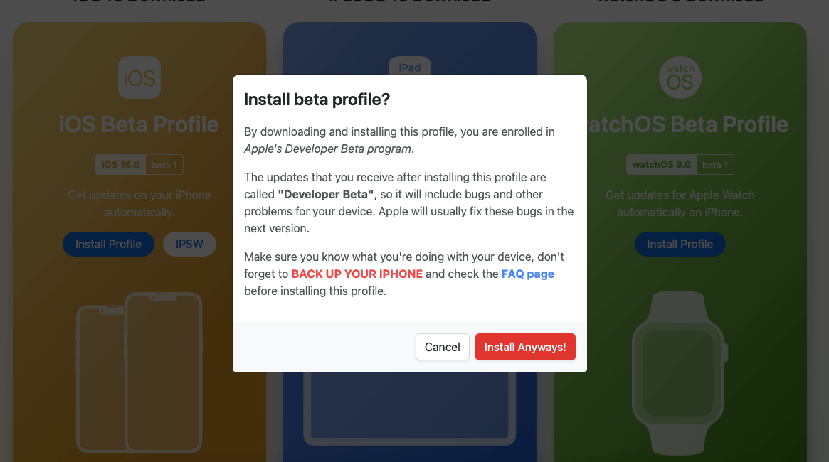 Установить iOS 16 beta 1 можно, только имея профиль разработчика. Фото.