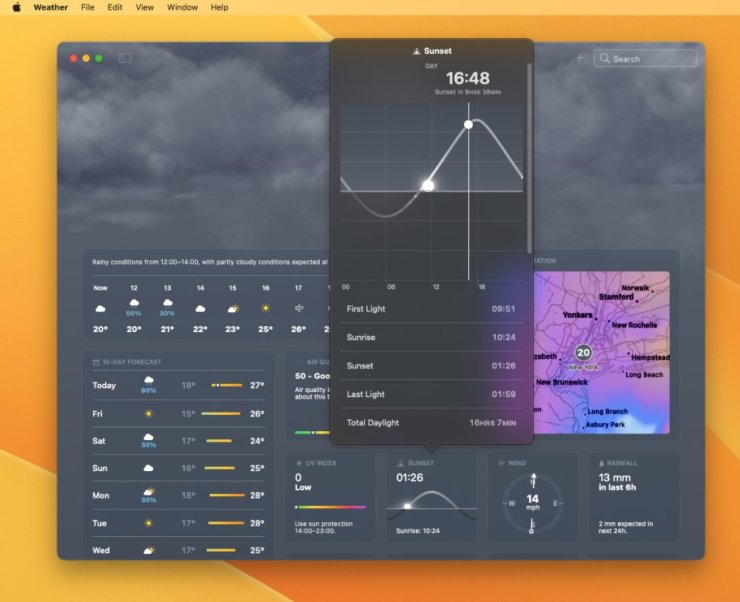 Новые приложения — macOS Ventura. Приложение «Погода» выполнено в дизайне аналогичного приложения на iPhone и iPad. Новые приложения — macOS Ventura. Приложение «Погода» выполнено в дизайне аналогичного приложения на iPhone и iPad. Фото.