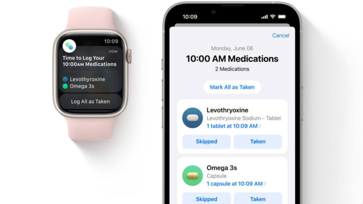 watchOS 9 — что нового. Отметить прием лекарств можно и на часах, и на смартфоне. Фото.