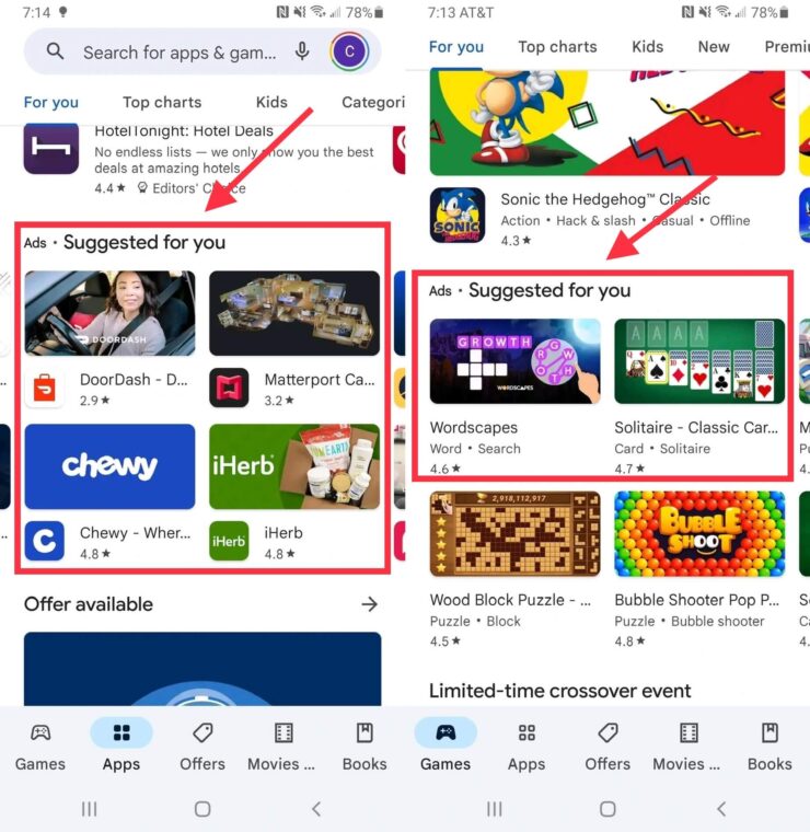 Google play — реклама. Google старается, чтобы пользователю было непонятно, что это он видит рекламу. Фото.