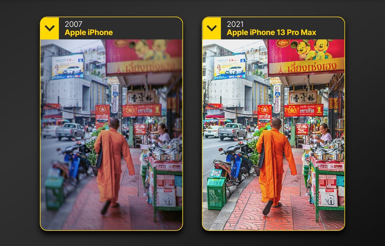 Первый iPhone на фоне iPhone 13 Pro Max смотрится невзрачно. Фото.
