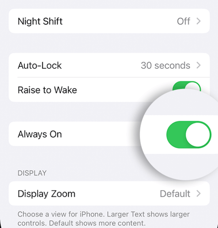 Always On на iPhone — отключить. Чтобы зарядка не садилась, нужно отключить Always On. Фото.