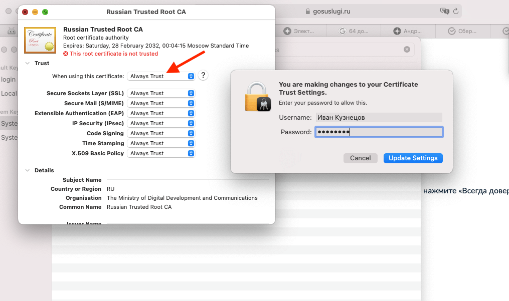 В настройках обоих сертификатов нужно включить «Доверять всегда». Фото.