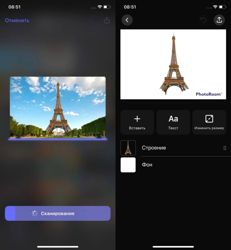 Приложение PhotoRoom тоже справилось с выделением башни, но оно не позволяет отправить ее без фона. Фото.