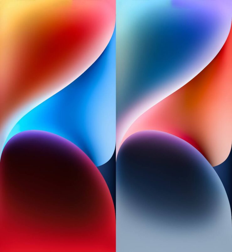 Обои Айфон 14 — как выглядят. Варианты для красной (слева) и голубой расцветки (справа). Фото.