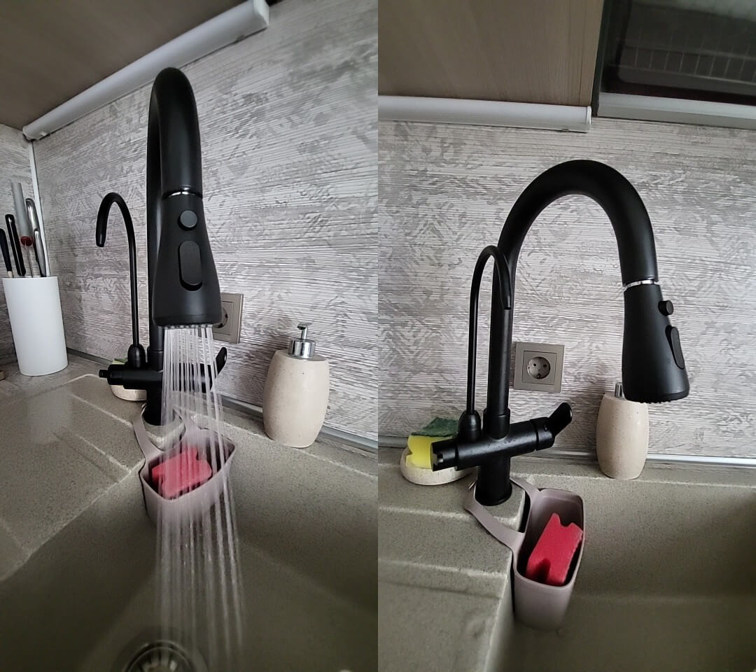 Кухонный смеситель для мойки. Черный смеситель хорошо впишется в любую кухню. Фото.