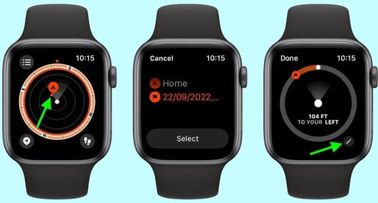 Путевые точки — Apple Watch. Часы показывают расстояние до каждой точки и направление движения. Путевые точки — Apple Watch. Часы показывают расстояние до каждой точки и направление движения. Фото.