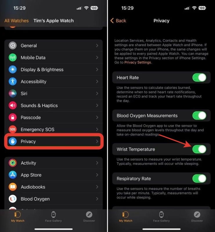 Как измерить температуру на Apple Watch. Измерение температуры запястья включается в настройках одним переключателем. Изображение: macrumors.com. Как измерить температуру на Apple Watch. Измерение температуры запястья включается в настройках одним переключателем. Изображение: macrumors.com. Фото.