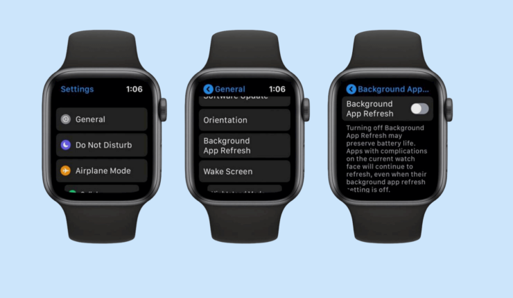 Обновление контента — Apple Watch. Фоновое обновление появилось очень давно, но на своих устройствах я его всегда отключал. Фото.