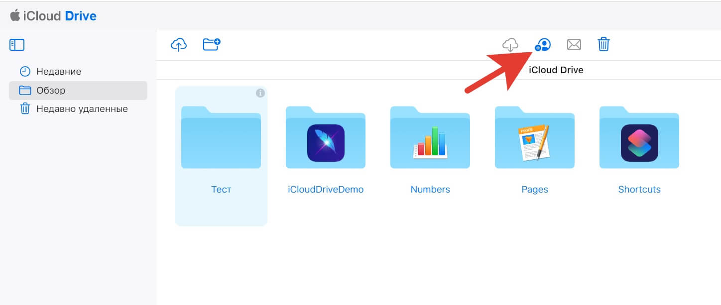 Делиться файлами и папками через веб-версию iCloud очень удобно. Фото.