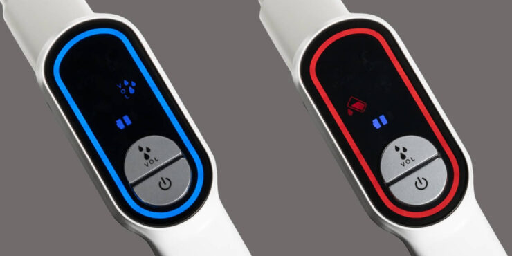 Ручной пылесос для дома. Индикация слева говорит о том, что пылесос работает в режиме влажной уборки, а справа — что заканчивается чистая вода. Ручной пылесос для дома. Индикация слева говорит о том, что пылесос работает в режиме влажной уборки, а справа — что заканчивается чистая вода. Фото.