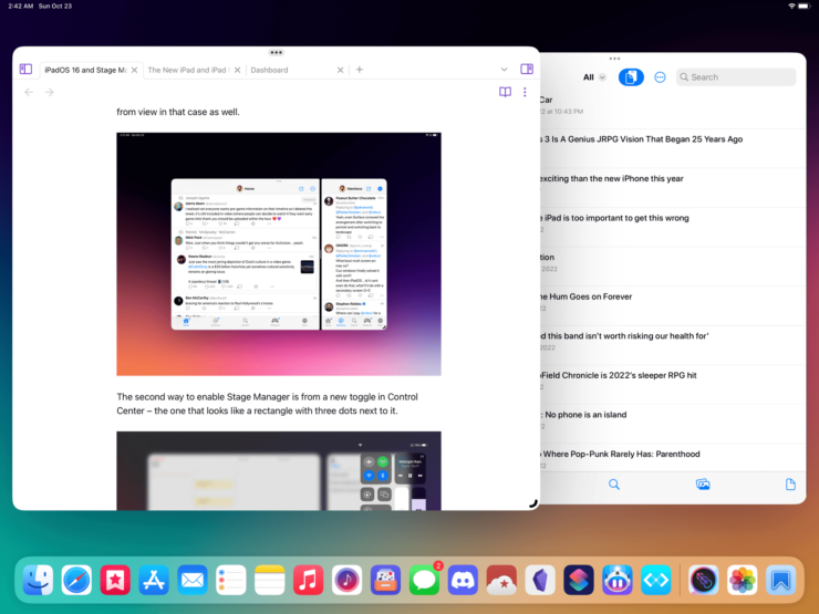 Два окна на Айпаде. Вот так выглядят два открытых окна при запущенном Stage Manager. Фото.