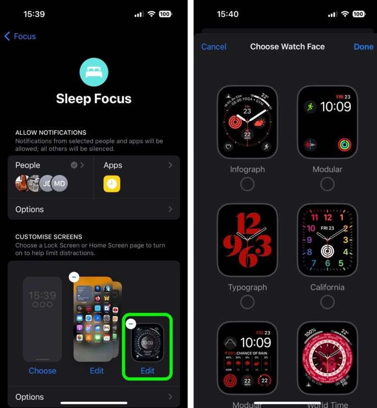 Если у вас есть Apple Watch, то при создании фокусирования будет предложено задать циферблат для часов. Фото.