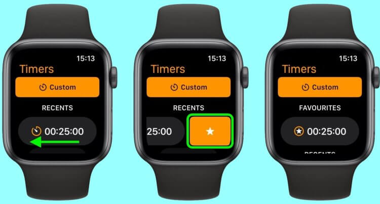 Таймер на Apple Watch. Избранные таймеры будут в самом верху списка. Таймер на Apple Watch. Избранные таймеры будут в самом верху списка. Фото.