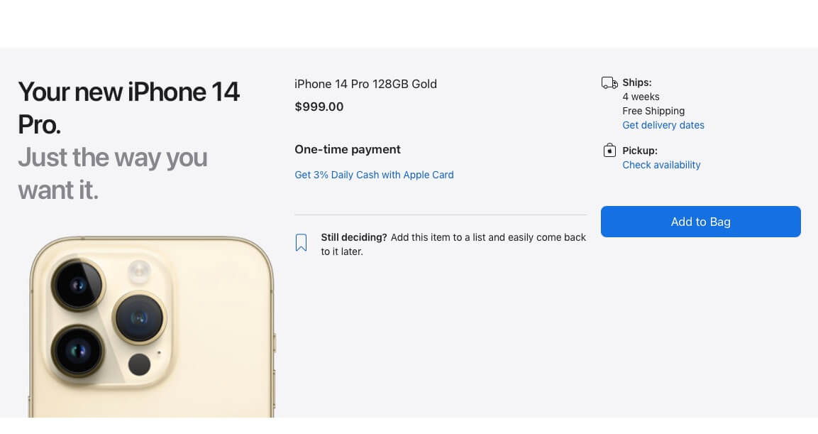 Сроки доставки iPhone 14 Pro достигают 4 недель. Фото.