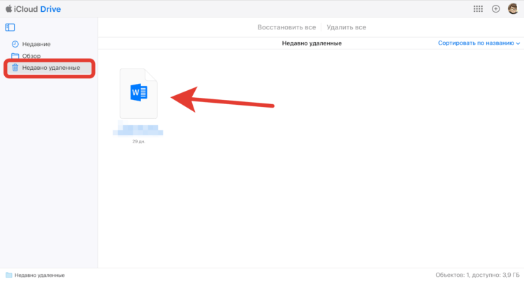 Как восстановить файлы из iCloud. Файл лежит в списке недавно удаленных. Фото.