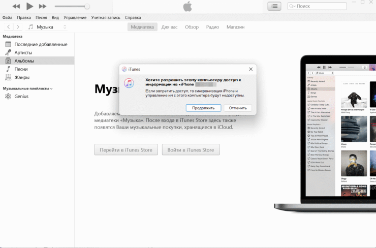 В iTunes тоже появляется запрос о предоставлении доступа. Фото.