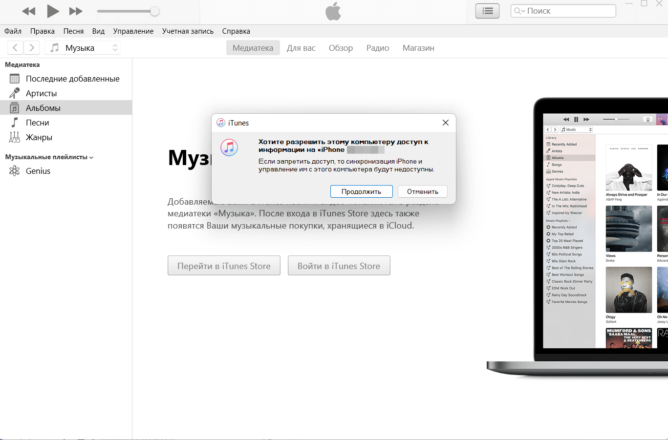 В iTunes тоже появляется запрос о предоставлении доступа. Фото.
