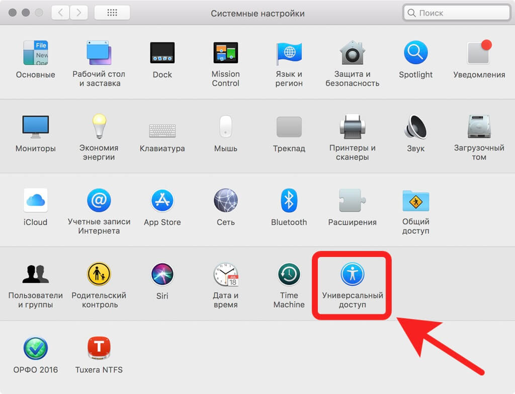 В современных macOS универсальный доступ расположен в другом ряду. Фото.
