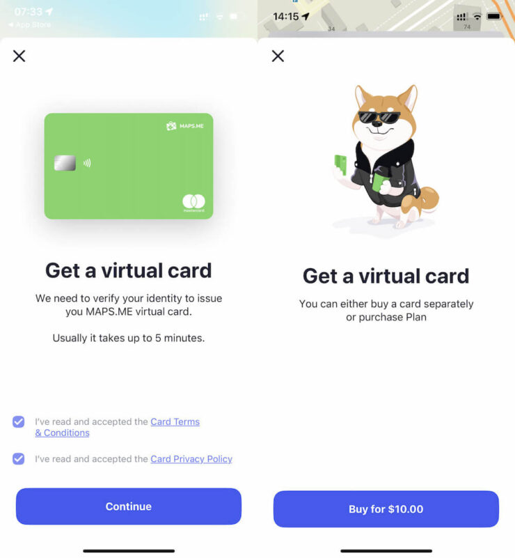 Виртуальная карта maps.me — как выпустить. После внесения средств вы сможете оплатить карту. Фото.