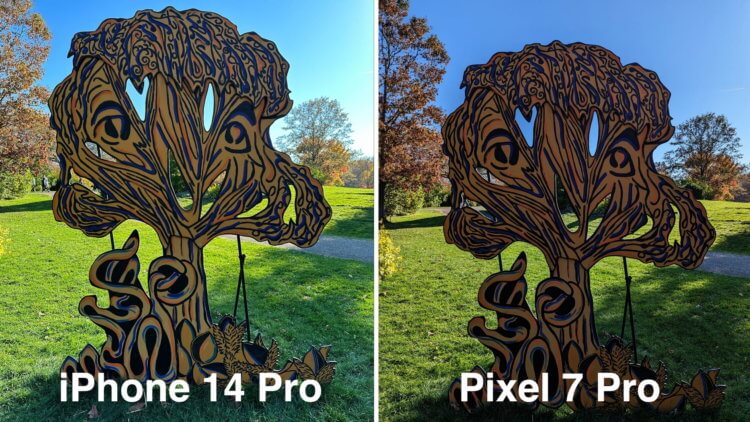 Сравнение Pixel 7 Pro и iPhone 14 Pro. На Айфоне заметен пересвет заднего плана. Фото