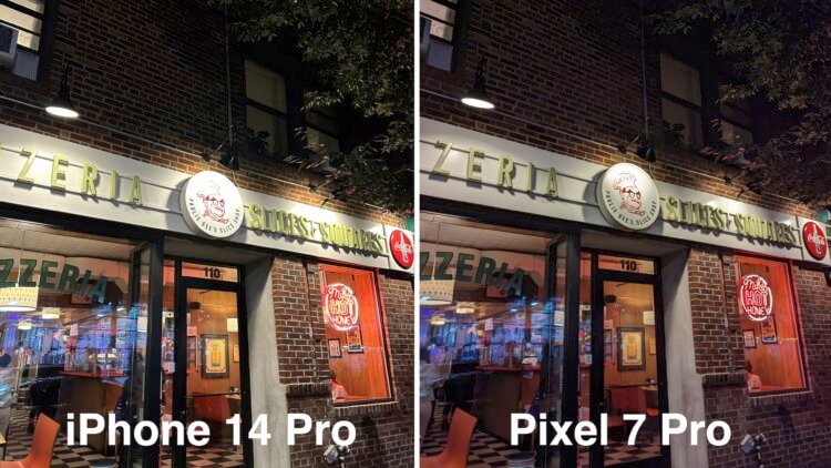 Сравнение Pixel 7 Pro и iPhone 14 Pro. Айфон откровенно запорол вывеску. Фото