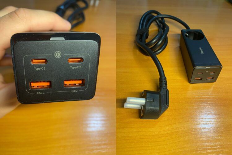 Extension cord with USB charging.  It is convenient that you do not have to reach for an outlet to put any device on charge.  A photo.