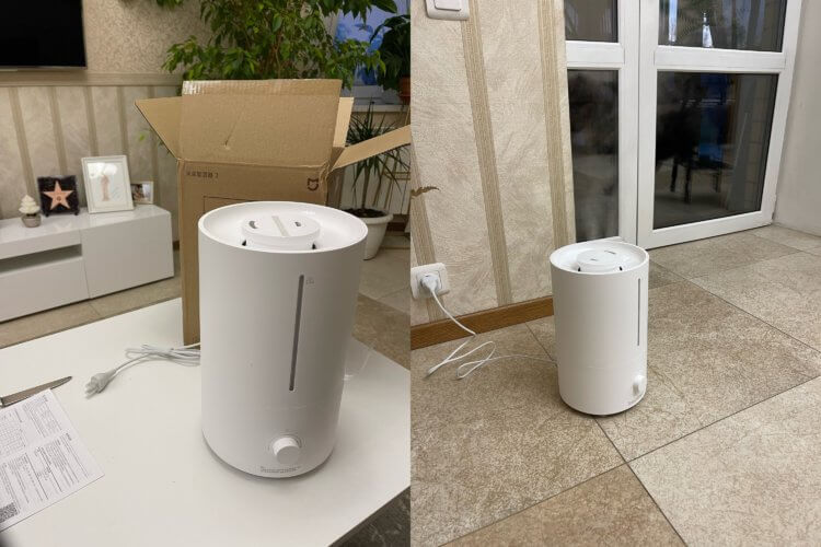 Humidifier Xiaomi Mijia.  Even with a large tank, the humidifier does not take up much space.  A photo.