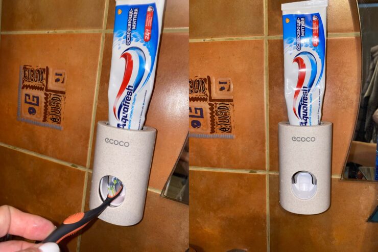 Достаточно слегка нажать на рычажок, и паста окажется на щетке. Фото.