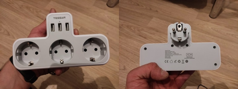 Такой тройник превратит одну розетку в три и добавит еще три USB-порта. Фото.