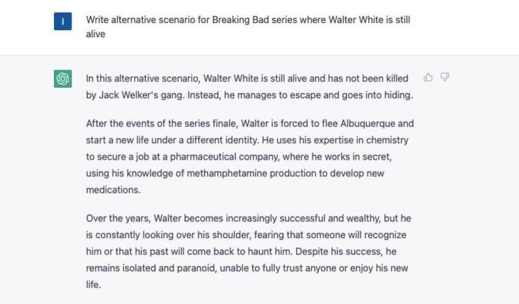А тут я просил чат-бот написать сценарий к продолжению Braking Bad, где Уолтер Уайт ещё жив. Кстати, там есть продолжение — его можно увидеть в нашем чатике в Telegram. Фото.
