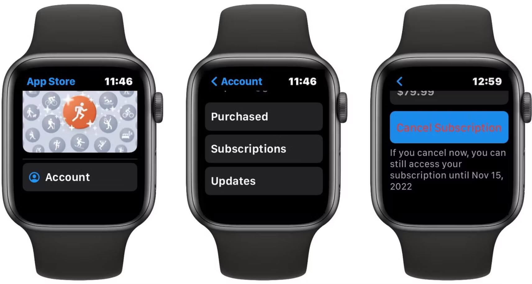 Управлять подписками с Apple Watch. Отменить подписку на приложение можно прямо с Apple Watch. Фото.