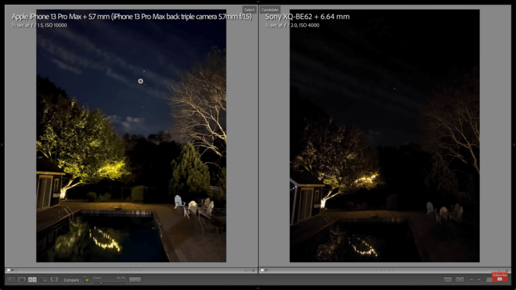 Фото на iPhone 13 Pro Max слева, а на Xperia PRO-I справа. Посмотрите, как не хватает света смартфону от Sony. Фото.