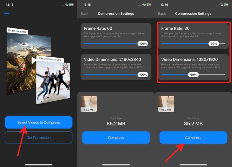 Вместе с разрешением и частотой кадров уменьшится и размер файла. Фото.