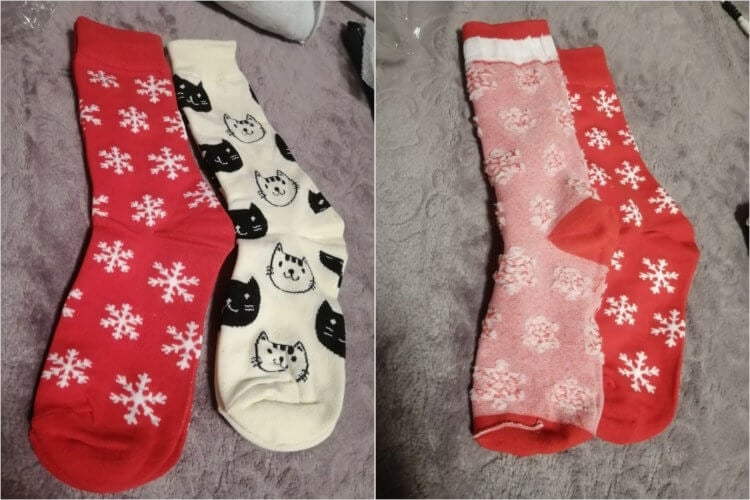 A set of Christmas socks.  Christmas socks are so much fun.  A photo.