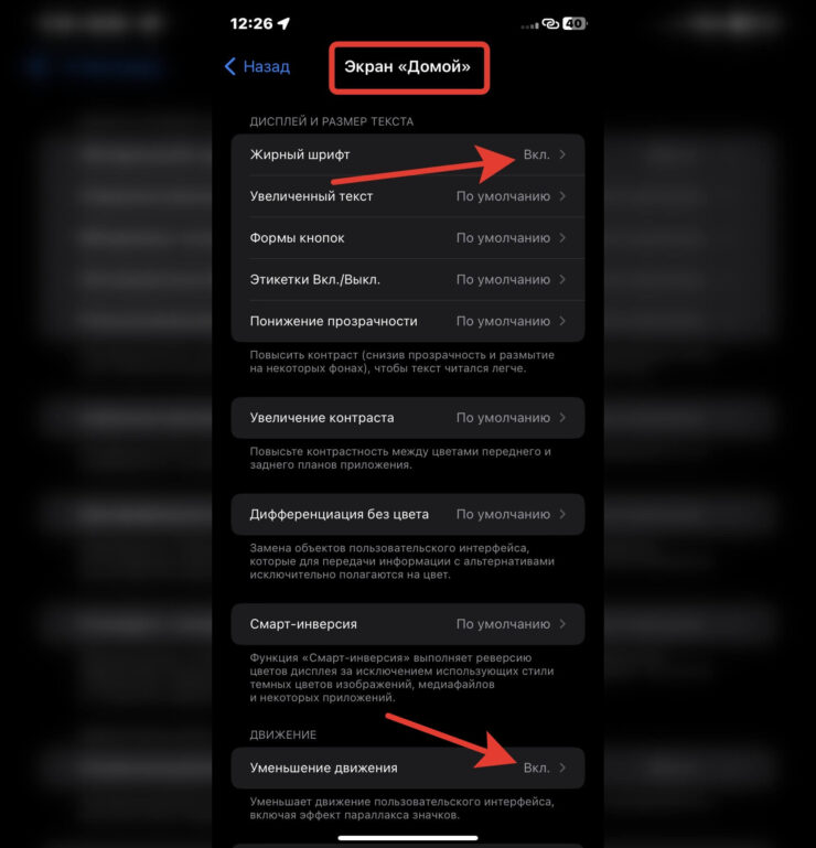 Установите такие же настройки, чтобы отключить анимацию и включить жирный шрифт. Фото.