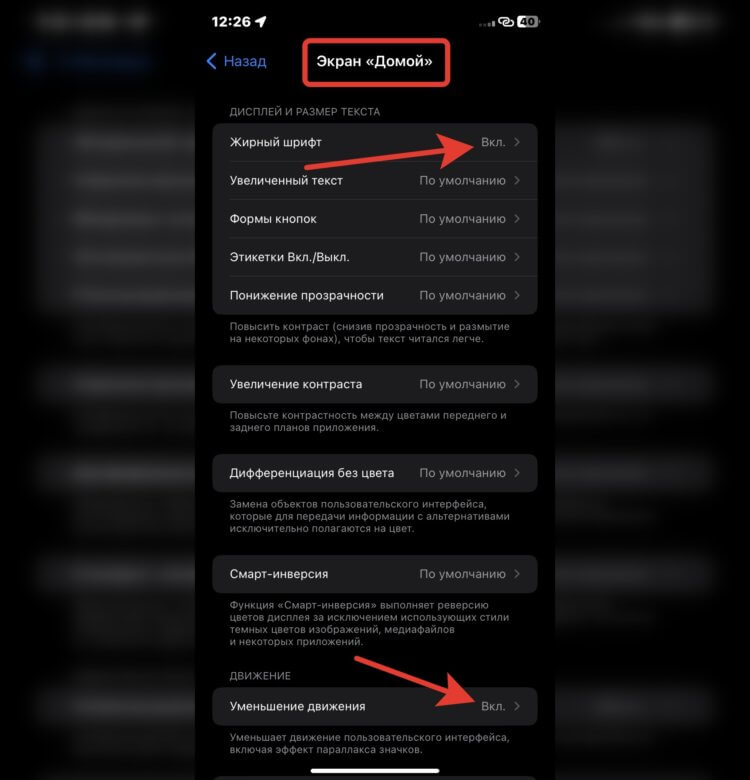 Жирный шрифт на Айфоне. Установите такие же настройки, чтобы отключить анимацию и включить жирный шрифт. Фото.