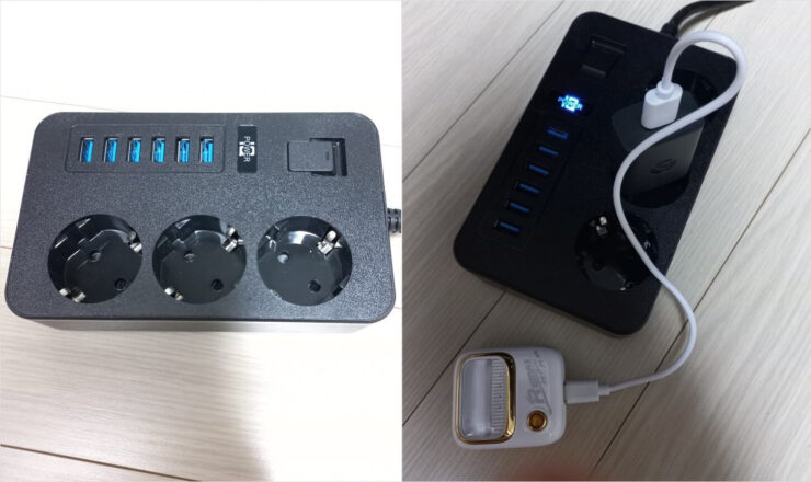 Удлинитель с USB и быстрой зарядкой. К этому удлинителю можно подключить до 9 устройств сразу. Фото.