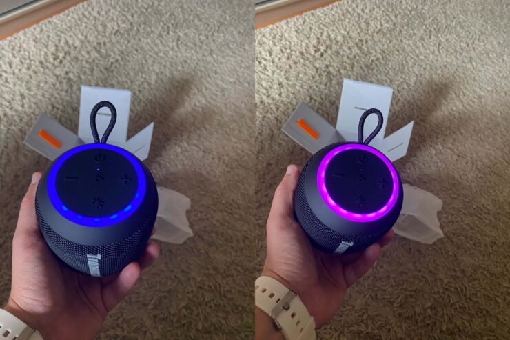 Беспроводная портативная колонка. Колонка может светиться разными цветами. Беспроводная портативная колонка. Колонка может светиться разными цветами. Фото.