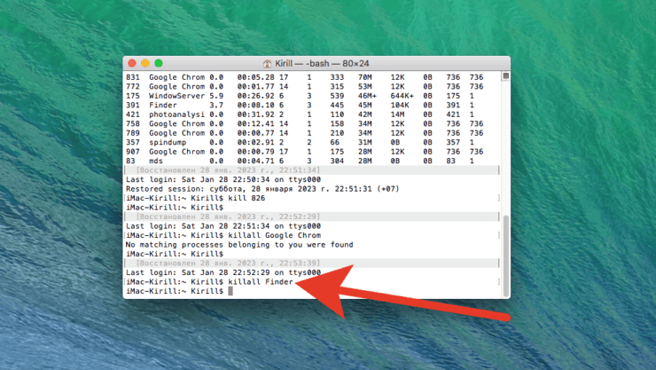 Как закрыть приложение на Макбуке. А вот так выгружается приложение по названию. Фото.